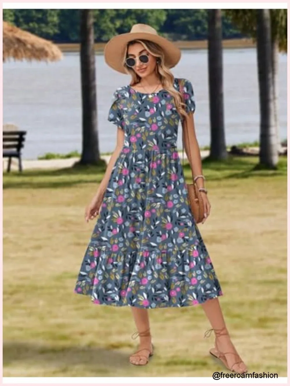 Women's Short Sleeve A-Line Midi Dress with Pockets Tiered Flowy Beach Sundress